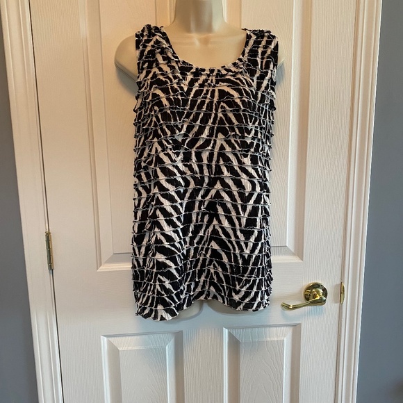 BUY 2 ITEMS & GET 1 FREE - Chico’s Zebra Print Ruffle Sleeveless Blouse Sz L - Picture 1 of 5